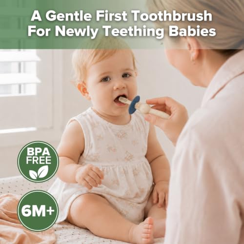 Image of haakaa 360 Baby Toothbrush with Suction Base - Beige + Steel Blue