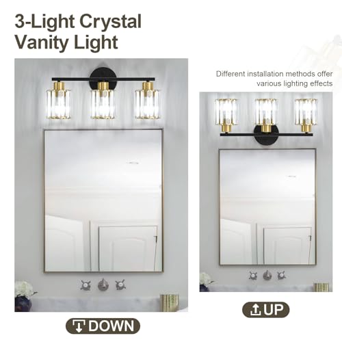 Image of Modern Black Gold Crystal Bathroom Light Fixtures,3-Light | Bathroom Lighting Fixtures over Mirror,Vanity Lights for Mirror, Restroom(Ceramic E26 Socket,Bulbs Not Include)