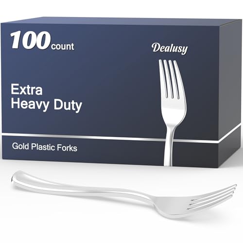 Dealusy 100 Count Heavy Duty Silver Plastic Forks Disposable BPA-Free Heat Resistant Solid and Durable Premium Plastic Disposable Forks for Party Supply