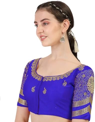 Pujia Mills Women's Silk Heavy Embroidery Peacock Khatli Work with Stone Work Readymade Blouse Sleeve_Type: Half Sleeve