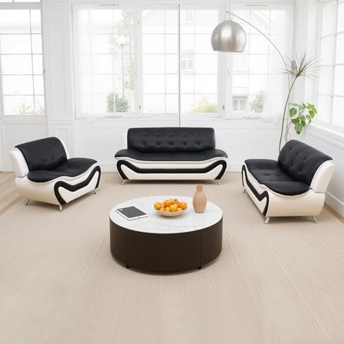 Leather Sofa Set for Living Room 3 Piece Living Room Furniture Set Modern Couch Set with 3-Seater Sofa, Loveseat and Armchair (Black&White)