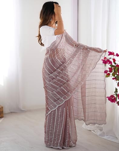 Image of SIRIL Women's Shimmer Chiffon Sequence Embroidery Saree With Unstitched Blouse Piece for Wedding and Parties