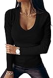 Imily Bela Damen Pullover V Ausschnitt Gerippt Slim Fit Dünn Pulli Sexy Langarmshirt Basic Oberteile Tunika, 2-Schwarz, M
