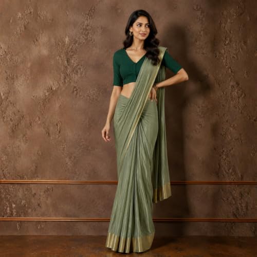 Image of Studio Shringaar Women Cotton Half Sleeve Madras Checks Saree Blouse with Stretchable Sides