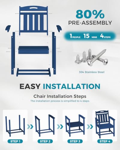 Image of Ciokea HDPE Outdoor Patio Dining Chairs Set of 2, All-Weather Porch Chair with Wide Seat, Durable Outdoor Furniture for Backyard, Garden, Lawn & Poolside, Navy Blue