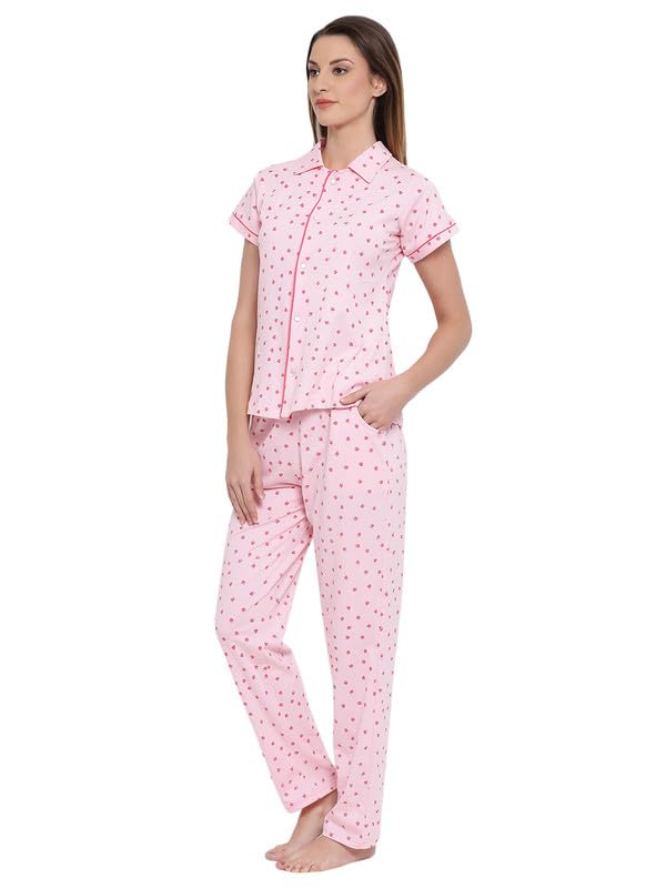 Image of Clovia Women's Cotton Printed Button Down Shirt & Pyjama Night Suit Set