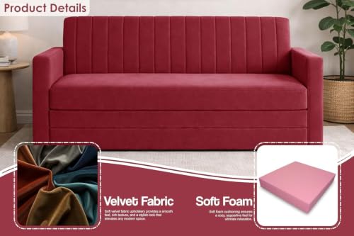 Image of Deco Studio Sofa Cum Bed | 3-Seater Foladable Sofa Couch with Armrest | Modern Fabric Sofa for Living Room, Bedroom & Office Red Color