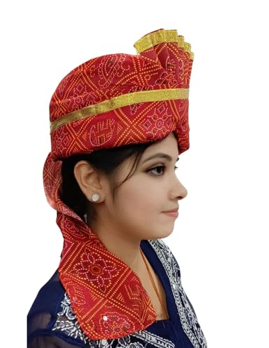 Image of BookMyCostume Traditional Rajasthani Safa & Barati Pagdi Collection - Pre-Stitched Ethnic Turbans, Bandhani /Leheriya Headwear For Weddings, Cultural Folk Dance & Festival Pagdi for Adults