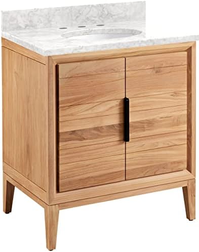 Signature Hardware 953343-30-UM-8 Aliso 30" Free Standing Single Vanity Set with Teak Cabinet, Vanity Top, and Oval Undermount Sink - 8" Faucet Holes - Natural Teak/Carrara