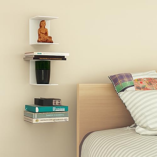 Image of Go Hooked Heavy Duty Metal Wall Mounted Book Shelves for Study Room, Living Room and Bedrooms (3 Pcs) (White)
