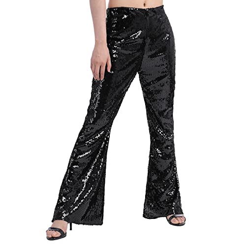 Pantalon à paillettes femme taille haute FYMNSI ample style disco années 70 S à XL