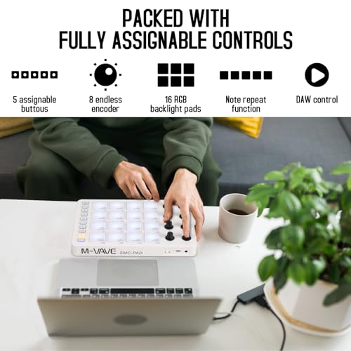 Image of Wireless MIDI Controller Pads, Bluetooth Portable USB MIDI Controller with 16 Drum Pads, 8 Assignable Knobs, Note Repeat, Full Level Buttons, Rechargeable battery (White Pad)