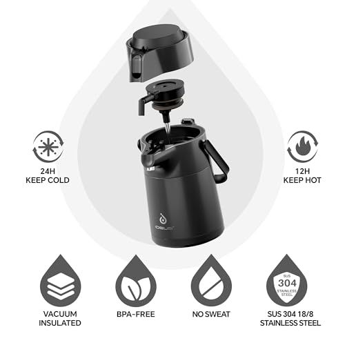 Image of IDEUS Thermal Coffee Carafe 74oz (2,200ml), Stainless Steel Double Wall Insulated Vacuum Flask, Water Jug Coffee Server and Beverage Dispenser, Heat and Cold Retention (Black, 74oz (2,200ml))