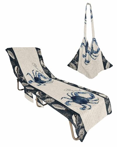Coastal Crab Beach Lounge Chair Towel Cover, Soft Chaise Lounge Towel with Side Pockets Patio Pool Chairs Cover for Beach/Pool Sunbathing 29x85 Nautical Ocean Beach Fish Starfish