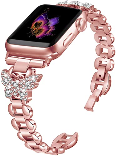 SaNgaiMEi Compatible Bracelet Apple Watch 38mm 40mm 41mm 42mm 44mm 45mm Femmes Métal Papillon Bracelets iwatch Remplacement série 8/7/6/SE/5/4/3/2/1 Strap (42mm/44mm/45mm, Or rose) Cover