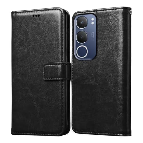 Image of Vintage Magnatic Closer Vegan Leather Flip Cover Compatible for Vivo V2521 / Vivo Y31 5G - Black