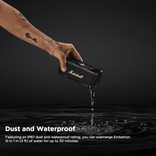 Image of Marshall Emberton III Compact Portable Bluetooth Speaker with 32+ Hours of Playtime, (360 Sound), Dust & Waterproof (IP67) - Black & Brass.