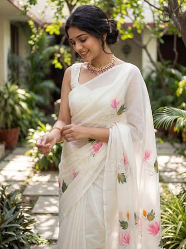 Image of AKHILAM Women's Cotton Saree with White Daisy Floral Prints Tassel Pallu Lightweight Summer Saree