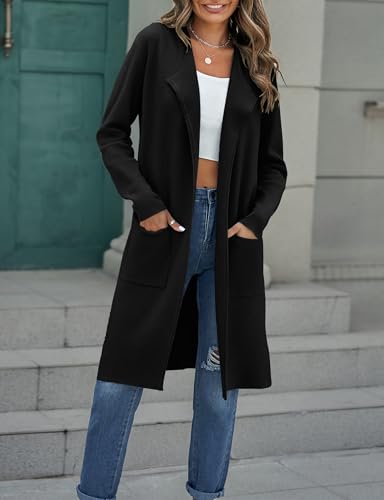 Image of MEROKEETY Women's Open Front Coatigan Sweater Long Sleeve Casual Knit Lapel Cardigan Coat with Pockets