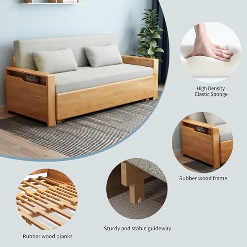 71"queen convertible sofa sleeper,grey cushion sectional sleeper with reversible chaise,wood couch bed 3 in 1 pull out sofa bed,log color sofa for livingroom,apartment,bedroom,office with storage - Thumbnail 3
