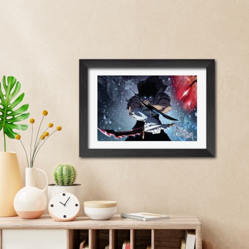 Image of TenorArts Sung Jinwoo Poster Solo Leveling Anime Posters Laminated Photo Frame Painting with Matt Finish Black Textures (12inches x 9inches)