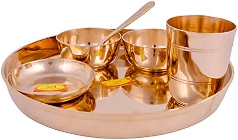 Shiv Shakti Arts Bronze | Kansa Thali Set/Dinner Set - 6 Piece, Gold - (Pure Kansa - Premium Shinee Dinner Set)