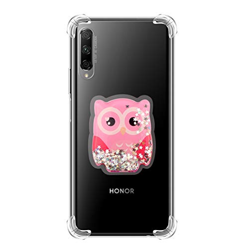 Jorisa Clear Silicone Case for Huawei Honor 9X Pro,Ultra Slim Skin with Neck Cord,Cushion Soft TPU Bumper Liquid Glitter Cover with Shiny Cute Animal Pattern,Anti-Yellow Gel Shell,Owl