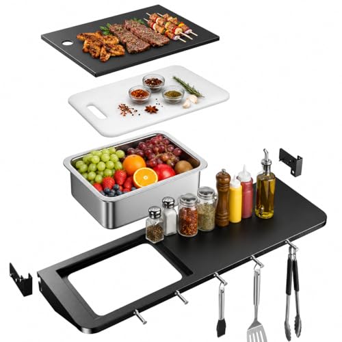 QuliMetal Folding Front Shelf for Traeger Pro 34 Texas Elite 34 Century 885 and Eastwood 34 37 x 12 Heavy-Duty Grill Prep Table with Cutting Board Stainless Steel Basin Lid and 5 Hooks