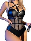 KJSUHFN Sexy Women's Leather Harness Babydoll - Crisscross Choker Teddy Bodysuit, PU Underwire One Piece Lingerie (Black, Medium)