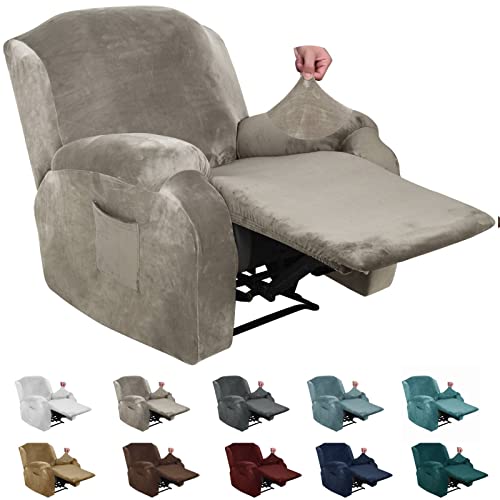 XINEAGE 4 Pieces Velvet Recliner Slipcover Stretch Recliner Chair Cover with Side Pocket Anti-Slip Fitted Recliner Cover Couch Furniture Protector with Elastic Bottom (Recliner