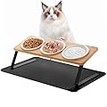 Otoomenz 3PCS Cat Bowl, Ceramic Cat Food Bowls With 15° Tilted Wood Stand,Raised Cat Bowls for Food and Water, Bamboo Cat Feeding Station with Cat Food Mat for Cats and Puppy