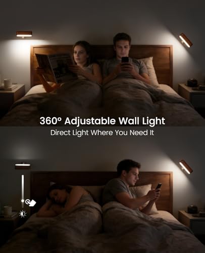 Image of Wood LED Wall Sconce Magnetic 360Rotate Mounted Mini Lamp Brightness Adjustable Nightlights Rechargeable Battery Powered Reading Light for Bedside Hallway Living Room Black Walnut Set of 2