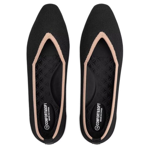 Frank Mully Women's Square Toe Knitted Flats Breathable Lightweight Slip-On Shoes with Arch Support for All-Day Comfort Black/Beige by Frank Mully - Used condition - US$29.75