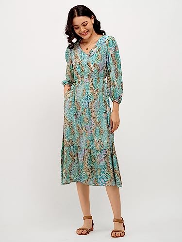 Image of AASK Abstract Printed Puff Sleeve Gathered Detailed Fit Flare Dress