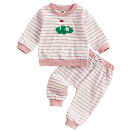 Image of GINEVSAL Toddler Baby Girl Boy Golf Outfits Striped Golf Cart Embroidered Long Sleeve Sweatshirt Pants Set Golf Clothes