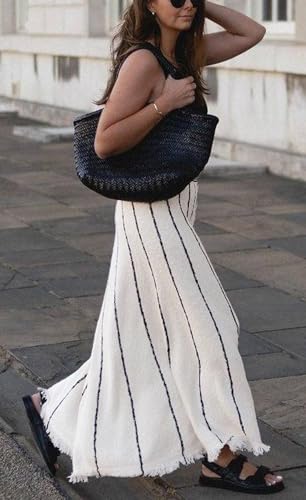 CHARTOU Women Striped Knit Long Skirt Elegant Elastic Waist Raw Cut Tassel Maxi Long Flowy Sweater Skirt3