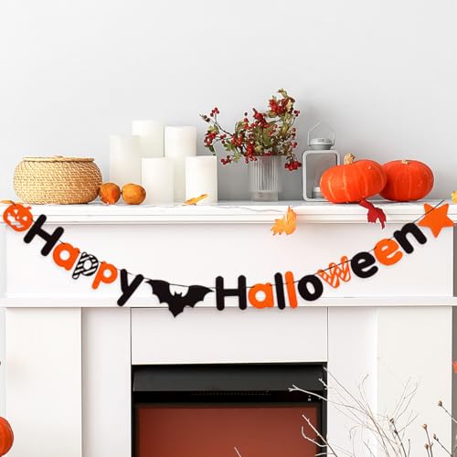 JSDJ Happy Halloween Banner Felt Garland, Pre-Strung Halloween Garland with Pumpkin Bat Spider, Reusable Halloween Decorations Indoor for Mantle Fireplace Wall Door, Cute Fall Halloween Party Decor - image 1