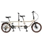 YYUINU Folding Tandem Bike, 20 Inch Tandem Bike For Adults, 7-Speed 3 Person Foldable Bike, City Beach Cruiser Bike With Adjustable 2 Seater Height And Dual Disc Brakes,Beige-20in