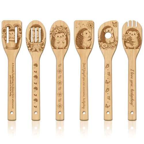GLOBLELAND 6 Pcs Hedgehog Wooden Spoons Utensil Set Hedgehog Flowers Bamboo Carving Kitchen Cooking Utensils Wooden Engraved Cooking Spatula Sets for Kitchen Fun House Warming Gift