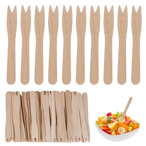 Wooden Forks Disposable Cutlery 100pcs, Party Fruit Fork Natural Birch Wood Eco-Friendly Utensil Mini Food Picks Sustainable for Cocktail Food Banquet Christmas Parties BBQ Picnic Birthdays Catering