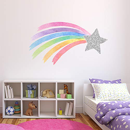 Shooting Star Rainbow Wall Decal Pastel Watercolor Unicorn Nursery Girls Bedroom Decor Silver Star & Rainbow Wall Decor ND04 (24