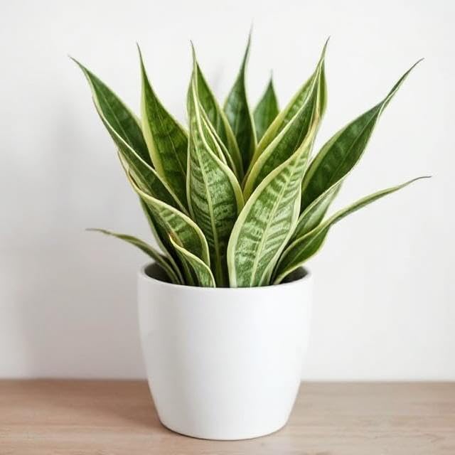 Snake Plant in White Ceramic Pot, Indoor Decorative Plant, Green and Yellow Variegated Leaves (Pack of 1) A_26-image-29