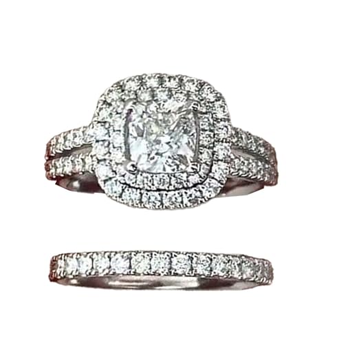 2pcs/set White Gold Plated Sparkling Cubic Zirconia Inlaid Stylish Engagement Ring Set Wedding Bridal Band Promise Rings Evening Parties Anniversary Valentine's Day Gifts Eternity Bands for Women