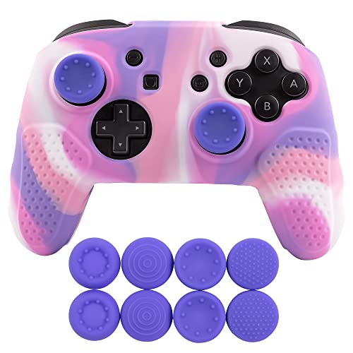 Funda Protectora de Silicona Compatible con Switch Pro Controller, Antideslizante, Agarre cómodo, con 4 Pares de Tapas de Agarre para Pulgar Joystick-Rosa Blanca Morada