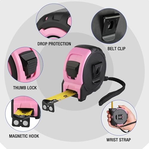 Image of WORKPRO 16FT Pink Tape Measure, 1 /8 Fractions Easy Read Measuring Tape | Retractable Nylon Coating Measurement Tape Accuracy 1 /32, Magnetic Hook, Belt Clip, Rubber Protective Casing