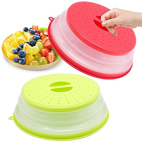 FORYNXHWIN 2Pack Collapsible Microwave Food Covers, 10.5 Food Splash Guards BPA Free, Colander Strainer for Fruit Vegetables, Round with Grip Handle & Hook Hole (Red + Green)
