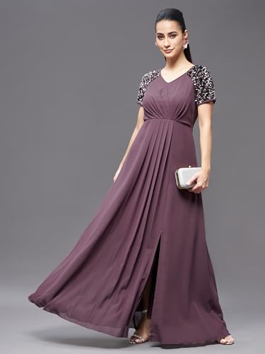 Image of Miss Chase Women's Round Neck Sleeve Embellished Fit Flare Maxi Dress
