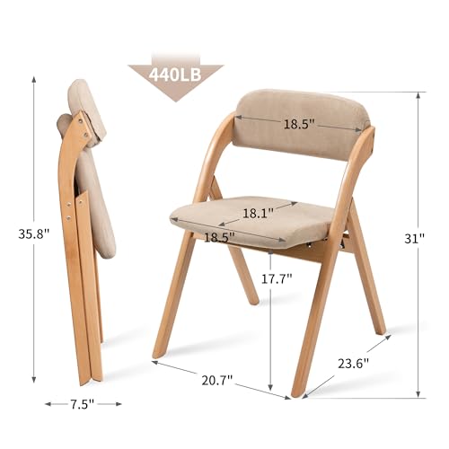 Image of HOMEFUN Folding Chairs with Padded Seats, Wooden Stackable Dining Chairs Set of 2 Assembled Folding Extra Chair for Guests Kitchen Office Wedding Party Picnic, Khaki
