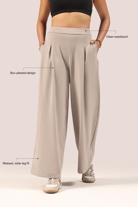 Image of BlissClub Womens Cloud Box Pleat Pants - Regular Wide-Leg Korean Style Pants Lightweight 4-Way Stretch Trousers with Deep Pockets (for Women Upto 5'4)