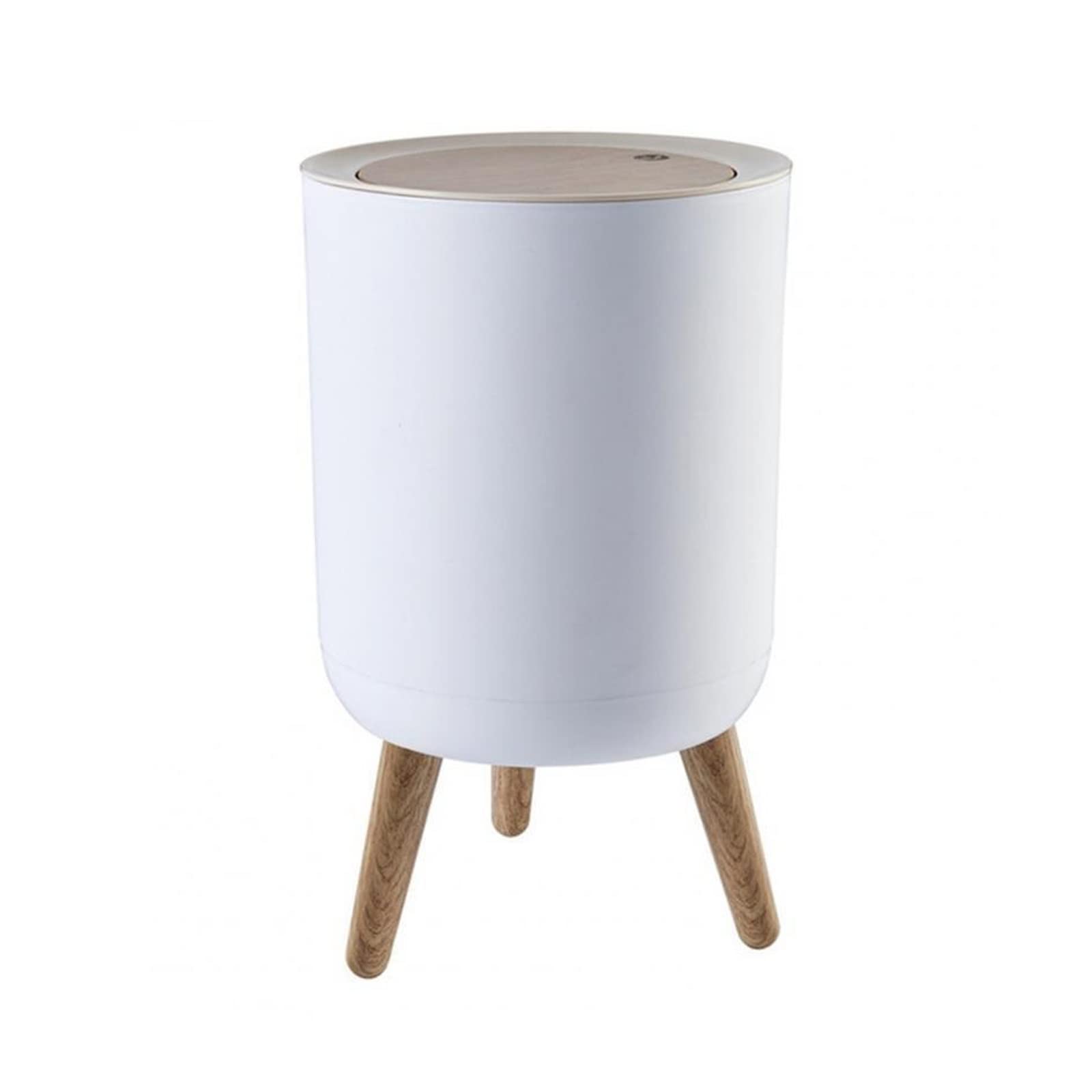 Cubo de basura de baño con acabado madera y diseño redondo blanco